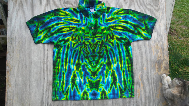 Blue Green Crazy Tie Dye Polo Style Shirt